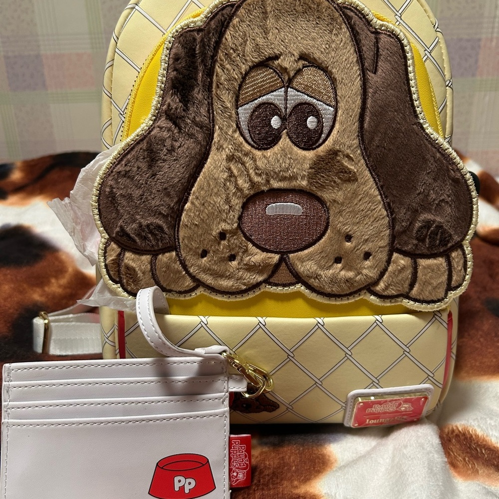 Loungefly Pound Puppies Yellow and Brown Dog-Themed Backpack w/ card holder NWT